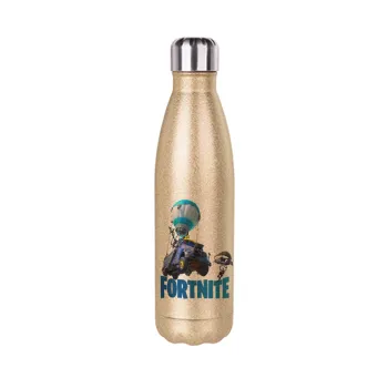 Fortnite Bus, Glitter gold stainless steel thermos bottle, double-walled, 500ml