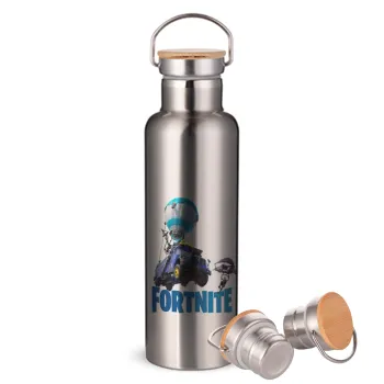 Fortnite Bus, Stainless steel Silver with wooden lid (bamboo), double wall, 750ml