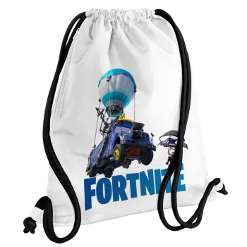 Fortnite Bus, Τσάντα πλάτης πουγκί GYMBAG λευκή, με τσέπη (40x48cm) & χονδρά κορδόνια