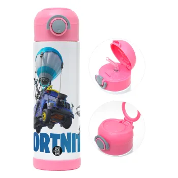 Fortnite Bus, Παιδικό παγούρι θερμό, ανοξείδωτο, με καλαμάκι ασφαλείας, ΡΟΖ (500ml)