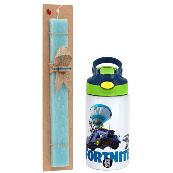 Fortnite Bus, Easter Set, Children's thermal stainless steel bottle with safety straw, green/blue (350ml) & aromatic flat Easter candle (30cm) (TURQUOISE)