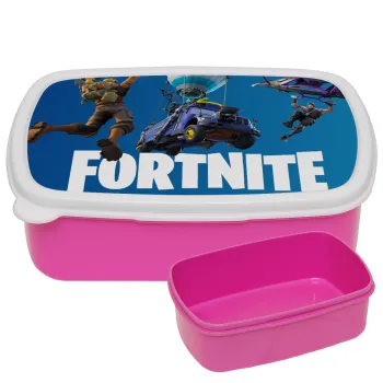 Fortnite Bus, ΡΟΖ παιδικό δοχείο φαγητού (lunchbox) πλαστικό (BPA-FREE) Lunch Βox M18 x Π13 x Υ6cm