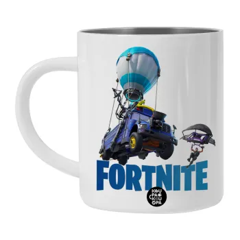 Fortnite Bus, Λευκή Ανοξείδωτη Μεταλλική Κούπα 450ml - Διπλού Τοιχώματος 