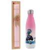 Easter Set, Metallic pink/white (Stainless steel) thermos, double-walled, 500ml & aromatic flat Easter candle (30cm) (PINK)