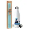 Easter Set, metallic stainless steel water bottle (750ml) & aromatic flat Easter candle (30cm) (TURQUOISE)