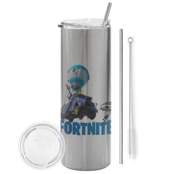 Fortnite Bus, Tumbler ποτήρι θερμό Ασημένιο από ανοξείδωτο ατσάλι 600ml, με μεταλλικό καλαμάκι & βούρτσα καθαρισμού
