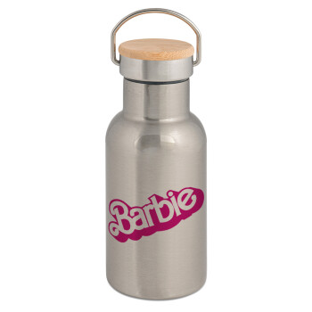 Barbie, Stainless steel metallic thermos flask, silver with a bamboo lid, double-walled, 350ml.
