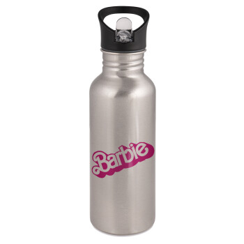 Barbie, Water bottle Silver with straw, stainless steel 600ml