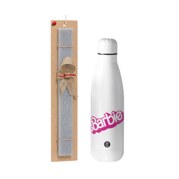 Barbie, Πασχαλινή Λαμπάδα με μεταλλικό παγούρι θερμός ανοξείδωτο (500ml) & κερί αρωματικό πλακέ (30cm) (ΓΚΡΙ)