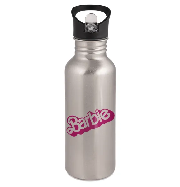Barbie — Παγούρι νερού Ασημένιο με καλαμάκι, ανοξείδωτο ατσάλι 600ml