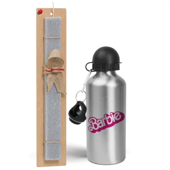 Barbie, Easter Set, metallic silver aluminum water bottle (500ml) & aromatic flat Easter candle (30cm) (GRAY)