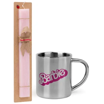 Barbie, Πασχαλινή Λαμπάδα με μεταλλική κούπα θερμό (300ml) & κερί αρωματικό πλακέ (30cm) (ΡΟΖ)