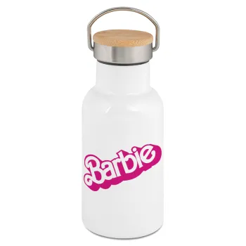Barbie, Μεταλλικό παγούρι θερμός (Stainless steel) Λευκό με ξύλινο καπακι (bamboo), διπλού τοιχώματος, 350ml
