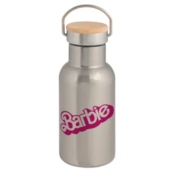 Barbie, Μεταλλικό παγούρι θερμός (Stainless steel) Ασημένιο με ξύλινο καπακι (bamboo), διπλού τοιχώματος, 350ml