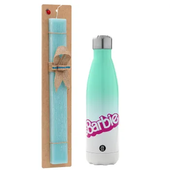 Barbie, Easter Set, Metallic green/white thermos (Stainless steel), double-walled, 500ml & scented flat Easter candle (30cm) (TURQUOISE)