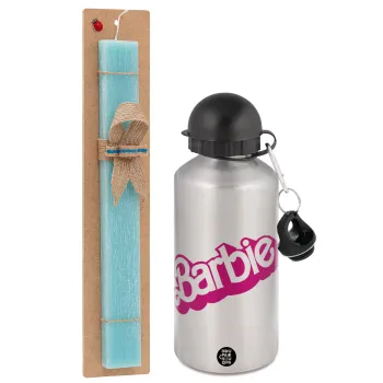 Barbie, Πασχαλινή Λαμπάδα με παγούρι μεταλλικό Ασημένιο αλουμινίου (500ml) & κερί αρωματικό πλακέ (30cm) (ΤΙΡΚΟΥΑΖ)