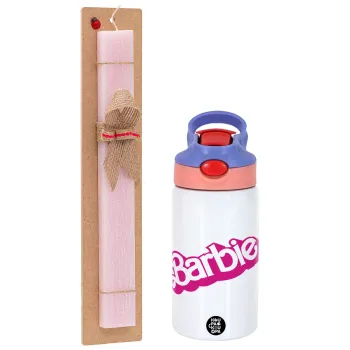 Barbie, Easter Set, Children's thermal stainless steel water bottle with safety straw, pink/purple (350ml) & Easter scented flat candle (30cm) (PINK)