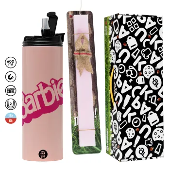 Barbie, Πασχαλινή Λαμπάδα με  ΡΟΖ Travel Tumbler θερμό (600ml, BPA free) & κερί αρωματικό πλακέ (30cm) (ΡΟΖ)