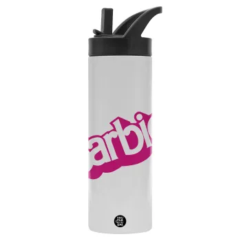 Barbie, Μεταλλικό παγούρι θερμός με καλαμάκι & χειρολαβή, ανοξείδωτο ατσάλι (Stainless steel 304), διπλού τοιχώματος, 600ml