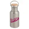Stainless steel metallic thermos flask, silver with a bamboo lid, double-walled, 350ml.