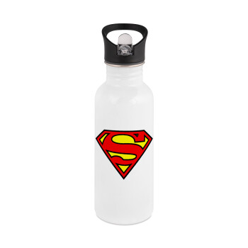 Superman vintage, White water bottle with straw, stainless steel 600ml