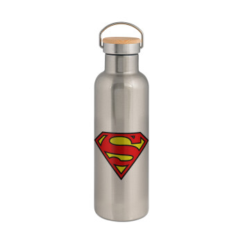 Superman vintage, Stainless steel Silver with wooden lid (bamboo), double wall, 750ml