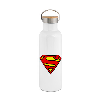 Superman vintage, Stainless steel White with wooden lid (bamboo), double wall, 750ml