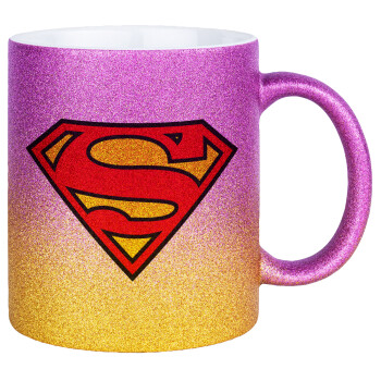 Superman vintage, Κούπα Χρυσή/Ροζ Glitter, κεραμική, 330ml