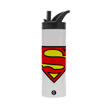 Superman vintage, Μεταλλικό παγούρι θερμός με καλαμάκι & χειρολαβή, ανοξείδωτο ατσάλι (Stainless steel 304), διπλού τοιχώματος, 600ml