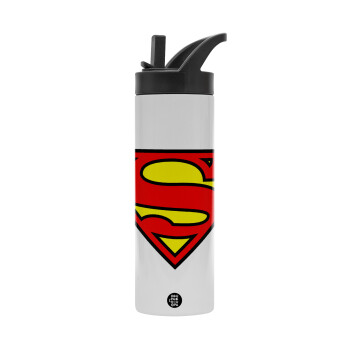 Superman vintage, Metallic thermos bottle with straw & handle, stainless steel (Stainless steel 304), double-walled, 600ml.