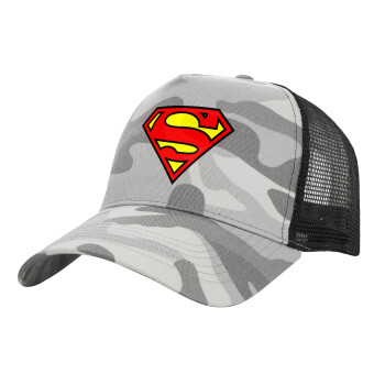 Superman vintage, Καπέλο Ενηλίκων Structured Trucker, με Δίχτυ, (παραλλαγή) Army Camo (100% ΒΑΜΒΑΚΕΡΟ, ΕΝΗΛΙΚΩΝ, UNISEX, ONE SIZE)