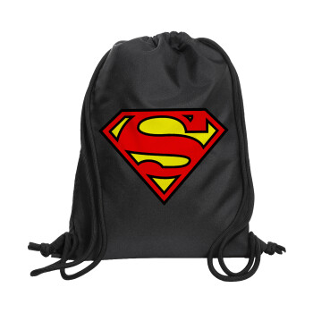 Superman vintage, Τσάντα πλάτης πουγκί GYMBAG Μαύρη, με τσέπη (40x48cm) & χονδρά κορδόνια