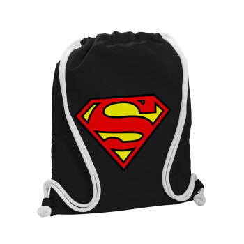 Superman vintage, Τσάντα πλάτης πουγκί GYMBAG Μαύρη, με τσέπη (40x48cm) & χονδρά λευκά κορδόνια