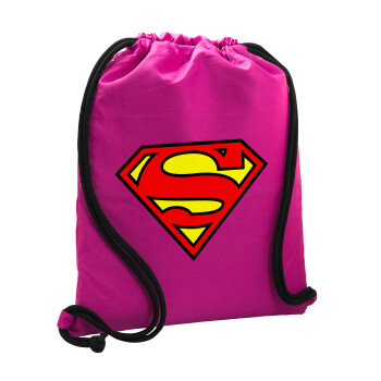 Superman vintage, Τσάντα πλάτης πουγκί GYMBAG Φούξια, με τσέπη (40x48cm) & χονδρά κορδόνια