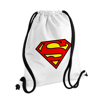 Superman vintage, Τσάντα πλάτης πουγκί GYMBAG λευκή, με τσέπη (40x48cm) & χονδρά κορδόνια