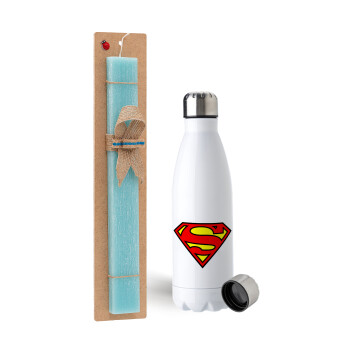 Superman vintage, Easter Set, metallic stainless steel water bottle (750ml) & aromatic flat Easter candle (30cm) (TURQUOISE)