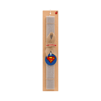 Superman vintage, Πασχαλινό Σετ, ξύλινο μπρελόκ & πασχαλινή λαμπάδα αρωματική πλακέ (30cm) (ΓΚΡΙ)