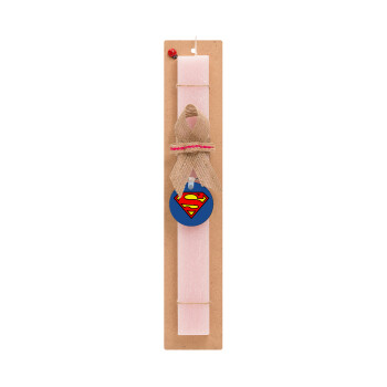 Superman vintage, Πασχαλινό Σετ, ξύλινο μπρελόκ & πασχαλινή λαμπάδα αρωματική πλακέ (30cm) (ΡΟΖ)