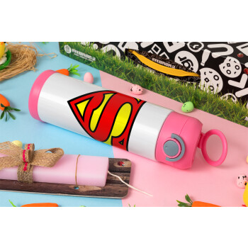 Superman vintage, Πασχαλινή Λαμπάδα με Παιδικό παγούρι θερμό, ανοξείδωτο, με καλαμάκι ασφαλείας, ΡΟΖ (500ml)