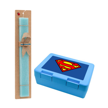 Superman vintage, Easter Set, children's snack container BLUE & Easter aromatic flat candle (30cm) (TURQUOISE)