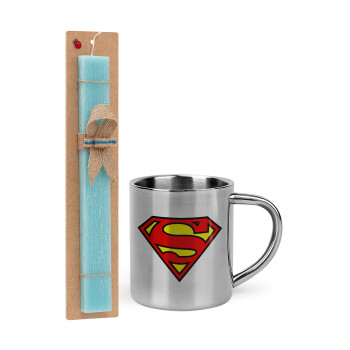 Superman vintage, Πασχαλινό Σετ, μεταλλική κούπα θερμό (300ml) & πασχαλινή λαμπάδα αρωματική πλακέ (30cm) (ΤΙΡΚΟΥΑΖ)
