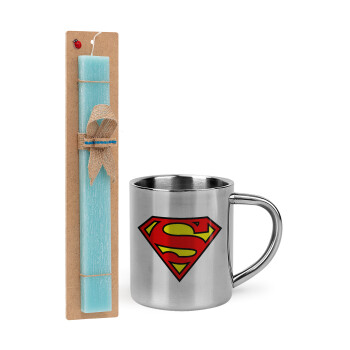 Superman vintage, Easter Set, metallic thermal cup (300ml) & aromatic flat Easter candle (30cm) (TURQUOISE)