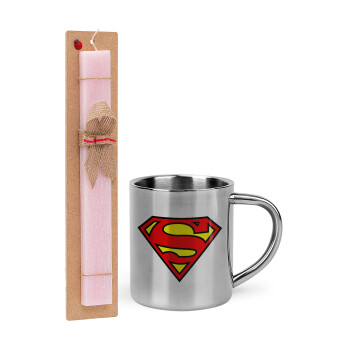 Superman vintage, Easter Set, metallic thermal cup (300ml) & aromatic flat Easter candle (30cm) (PINK)