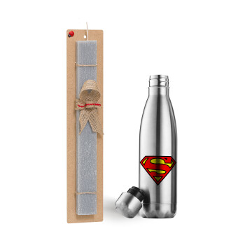Superman vintage, Πασχαλινό Σετ, μεταλλικό παγούρι θερμός ανοξείδωτο (500ml) & πασχαλινή λαμπάδα αρωματική πλακέ (30cm) (ΓΚΡΙ)