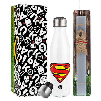 Superman vintage, Easter candle, metallic white thermos bottle (500ml) & aromatic flat candle (30cm) (GRAY)