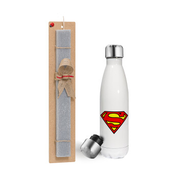 Superman vintage, Πασχαλινή λαμπάδα, μεταλλικό παγούρι θερμός λευκός (500ml) & λαμπάδα αρωματική πλακέ (30cm) (ΓΚΡΙ)