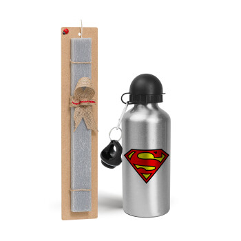 Superman vintage, Πασχαλινό Σετ, παγούρι μεταλλικό Ασημένιο αλουμινίου (500ml) & πασχαλινή λαμπάδα αρωματική πλακέ (30cm) (ΓΚΡΙ)