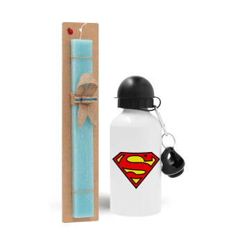 Superman vintage, Easter Set, metallic aluminum water bottle (500ml) & scented flat candle (30cm) (TURQUOISE)