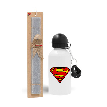 Superman vintage, Πασχαλινό Σετ, παγούρι μεταλλικό  αλουμινίου (500ml) & πασχαλινή λαμπάδα αρωματική πλακέ (30cm) (ΓΚΡΙ)