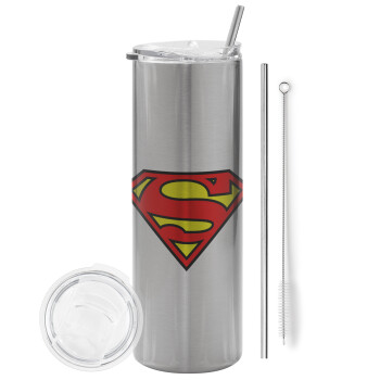 Superman vintage, Eco friendly ποτήρι θερμό Ασημένιο (tumbler) από ανοξείδωτο ατσάλι 600ml, με μεταλλικό καλαμάκι & βούρτσα καθαρισμού